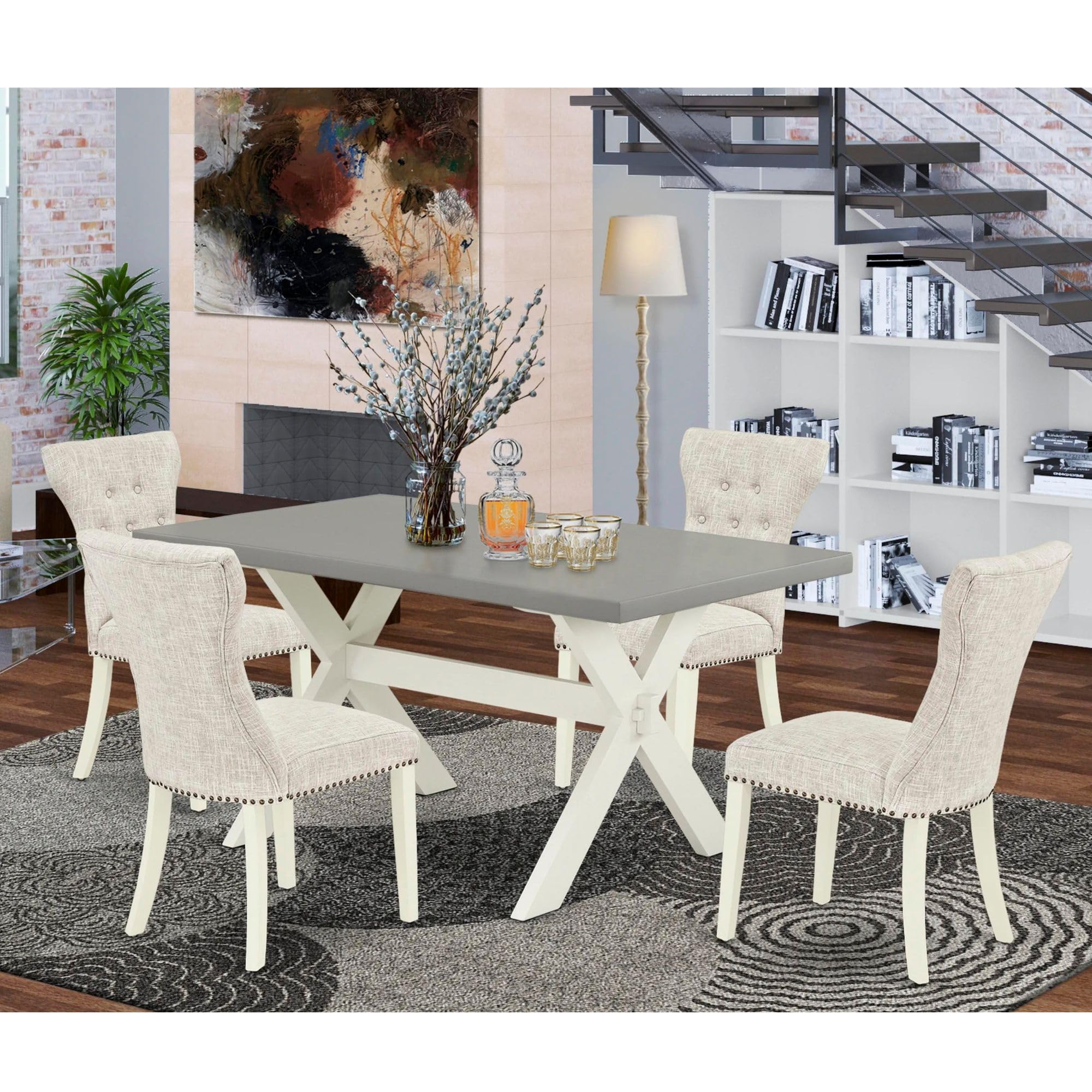 East West Furniture X096Ga235-5 5 Piece Kitchen Table & Chairs Set Includes A Rectangle Dining Room Table With X-Legs And 4 Doeskin Linen Fabric Upholstered Chairs, 36X60 Inch, Multi-Color